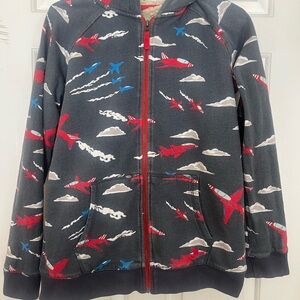 Mini Boden Gray Sherpa Hoodie with Red and Blue Airplane Print